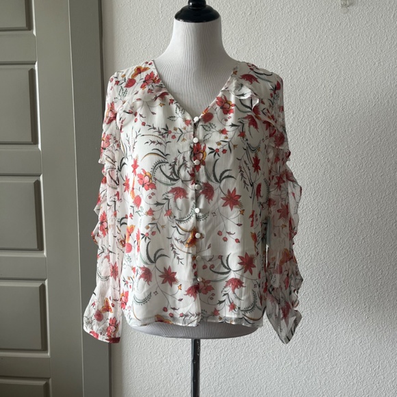 CeCe Tops - CeCe Floral Sheer Blouse White Long Sleeve Small